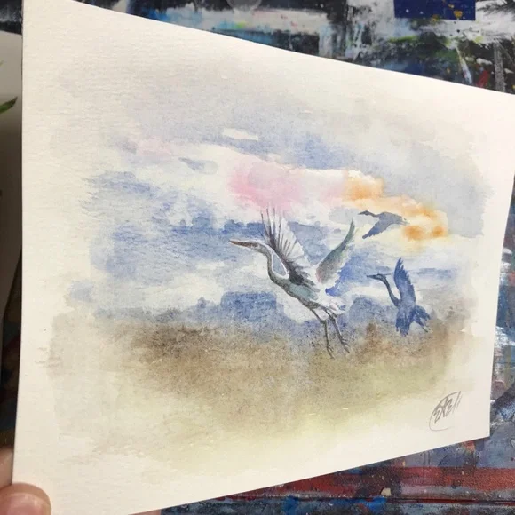 Original Egrets Watercolor Painting Birds Flight Art Landscape Decor Artettina - Picture 5 of 9